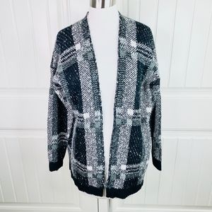 Very J Black White Gray Plaid Cozy Open Cardigan S